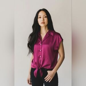 Rachel Zoe Satin Pink Tie-Front Button Down Fushia Blouse Medium